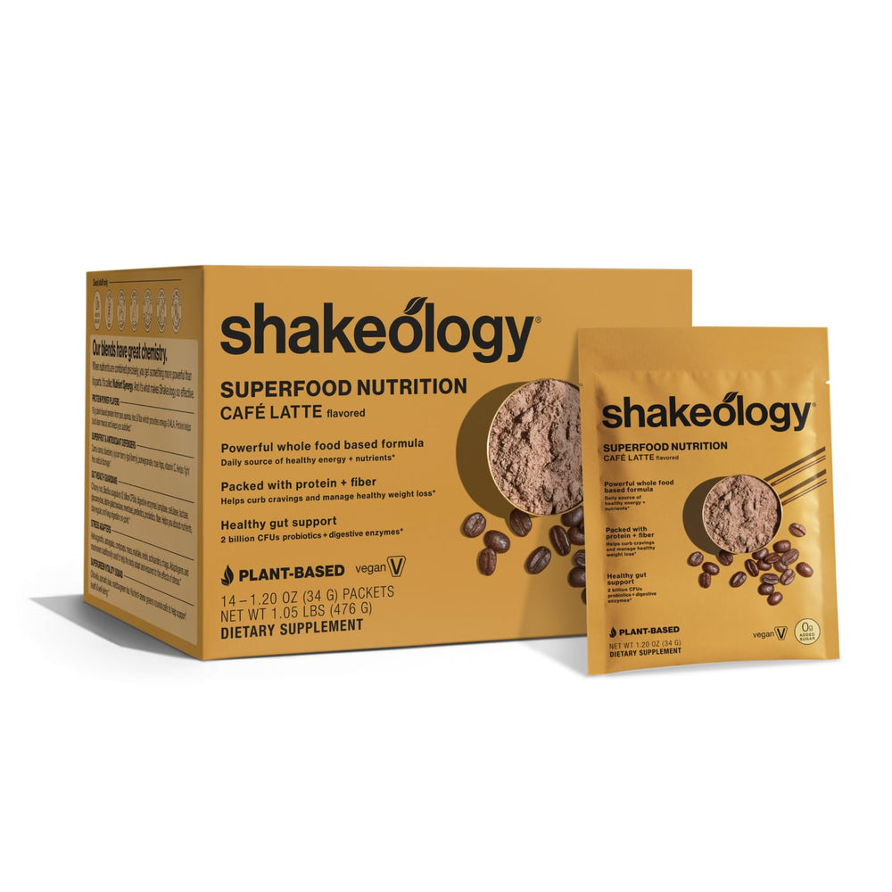BODi Shakeology Cafe Latte packet in bag for convenient on-the-go nutrition