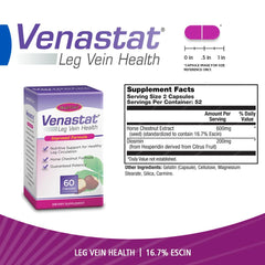 Close-up of Venastat bottle highlighting leg vein health