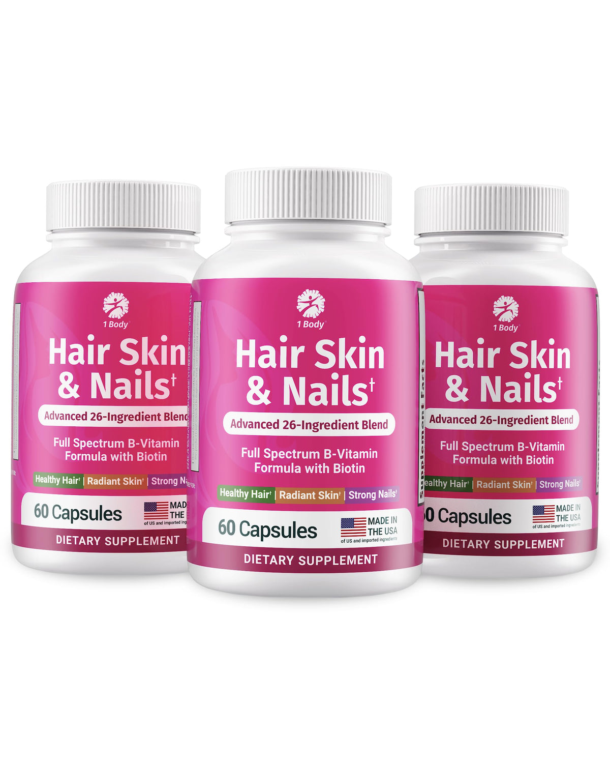 Hero image showing Body Hair Skin Nails Vitamin Complex with Biotin 3-pack