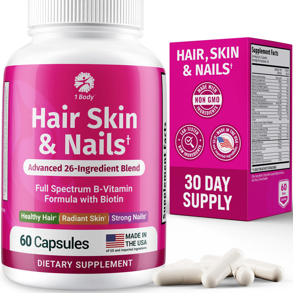 Front view of the Body Hair Skin Nails Vitamins with Biotin bottle with 60 vegan capsules