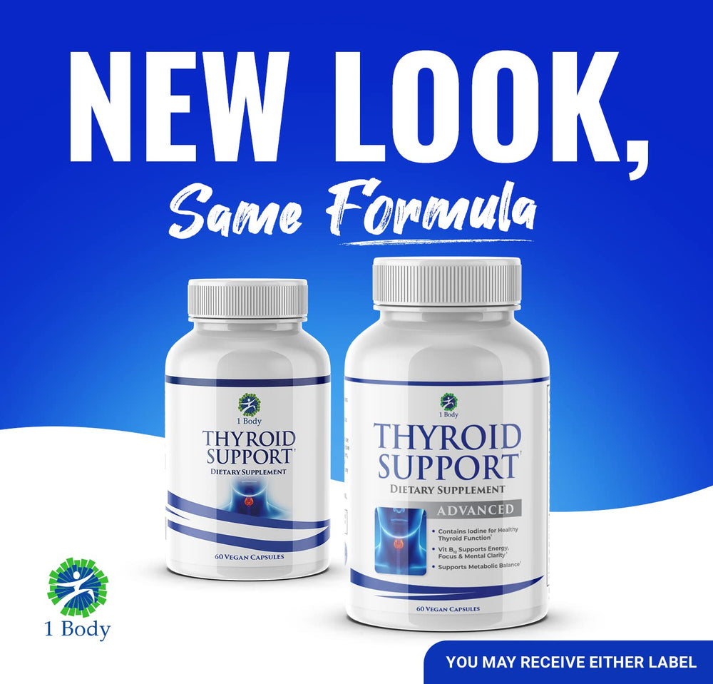 Close-up of thyroid support capsules in a 3-pack