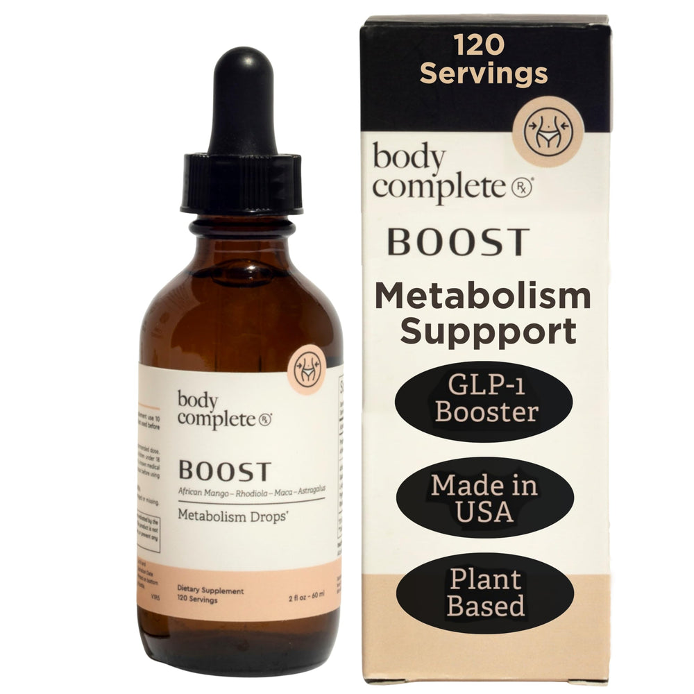 Body Complete RX Boost Drops bottle with dropper on white background