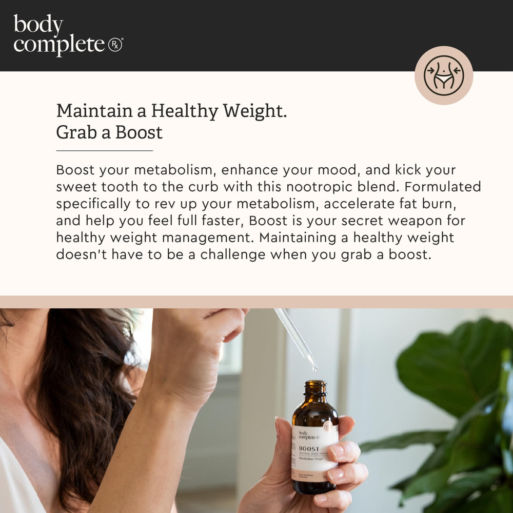 Lifestyle shot of a woman integrating Boost Drops into her daily routine