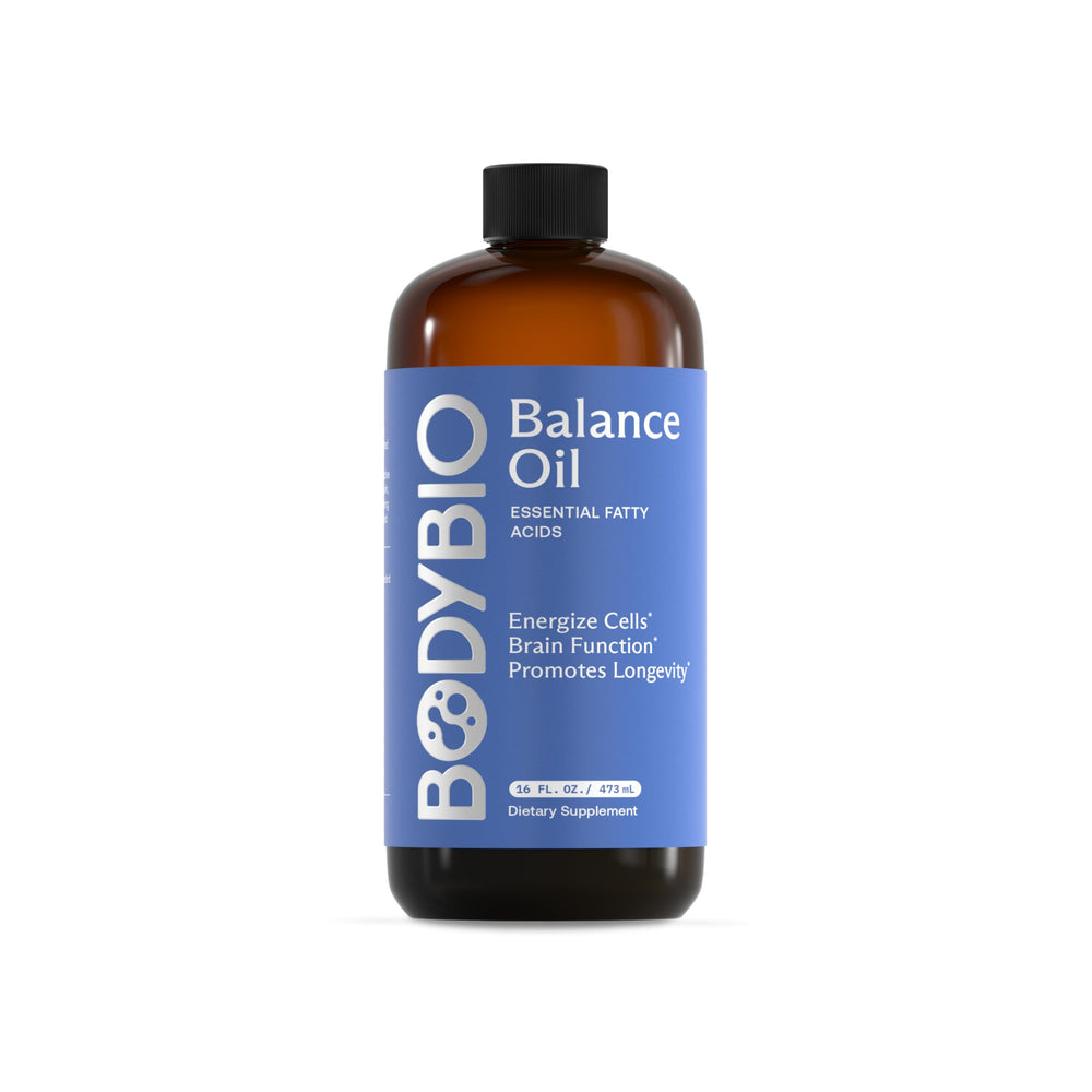 Bottle of BodyBio Balance Oil with label displayed