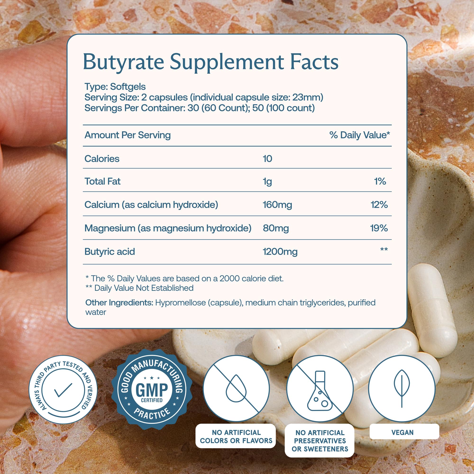Close-up of vegan BodyBio Butyrate capsules