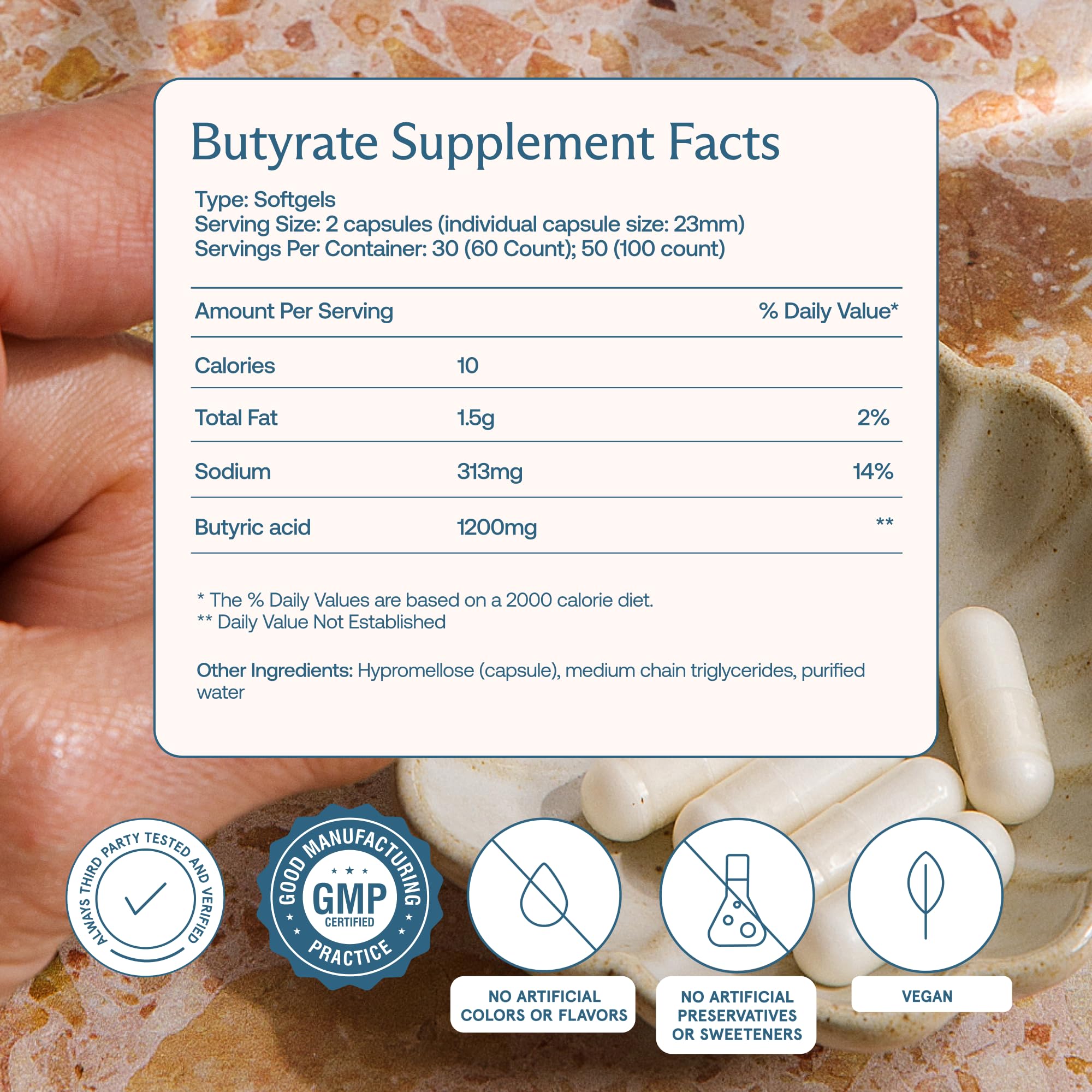 BodyBio Butyrate product label with ingredients