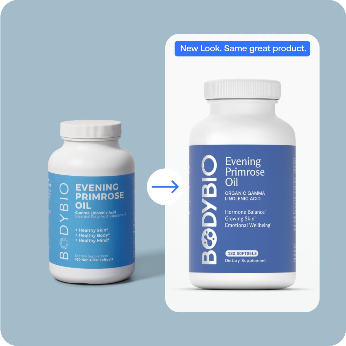 Ingredients and supplement facts panel for BodyBio Evening Primrose Oil