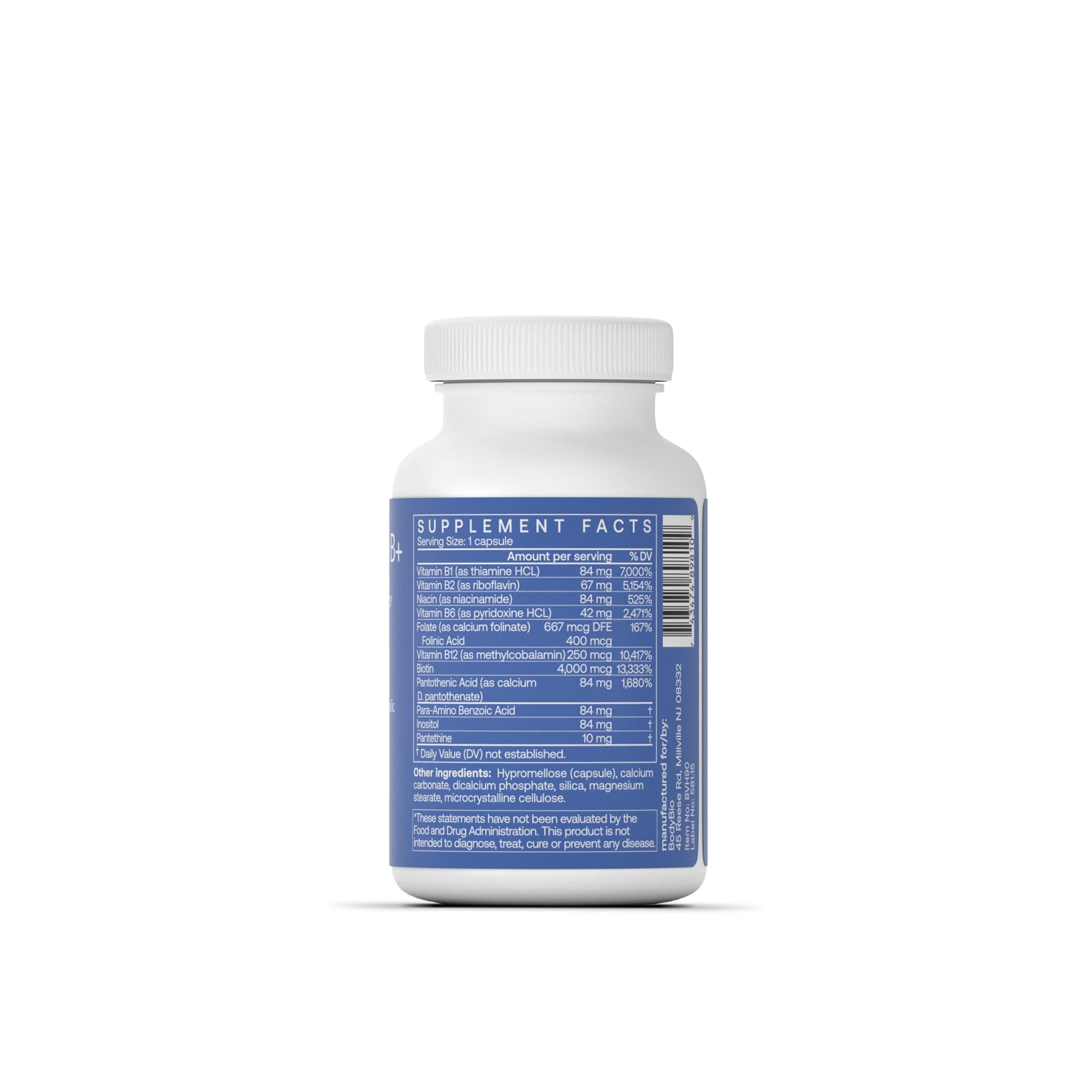 Close-up of BodyBio Vitamin B+ Complex bottle