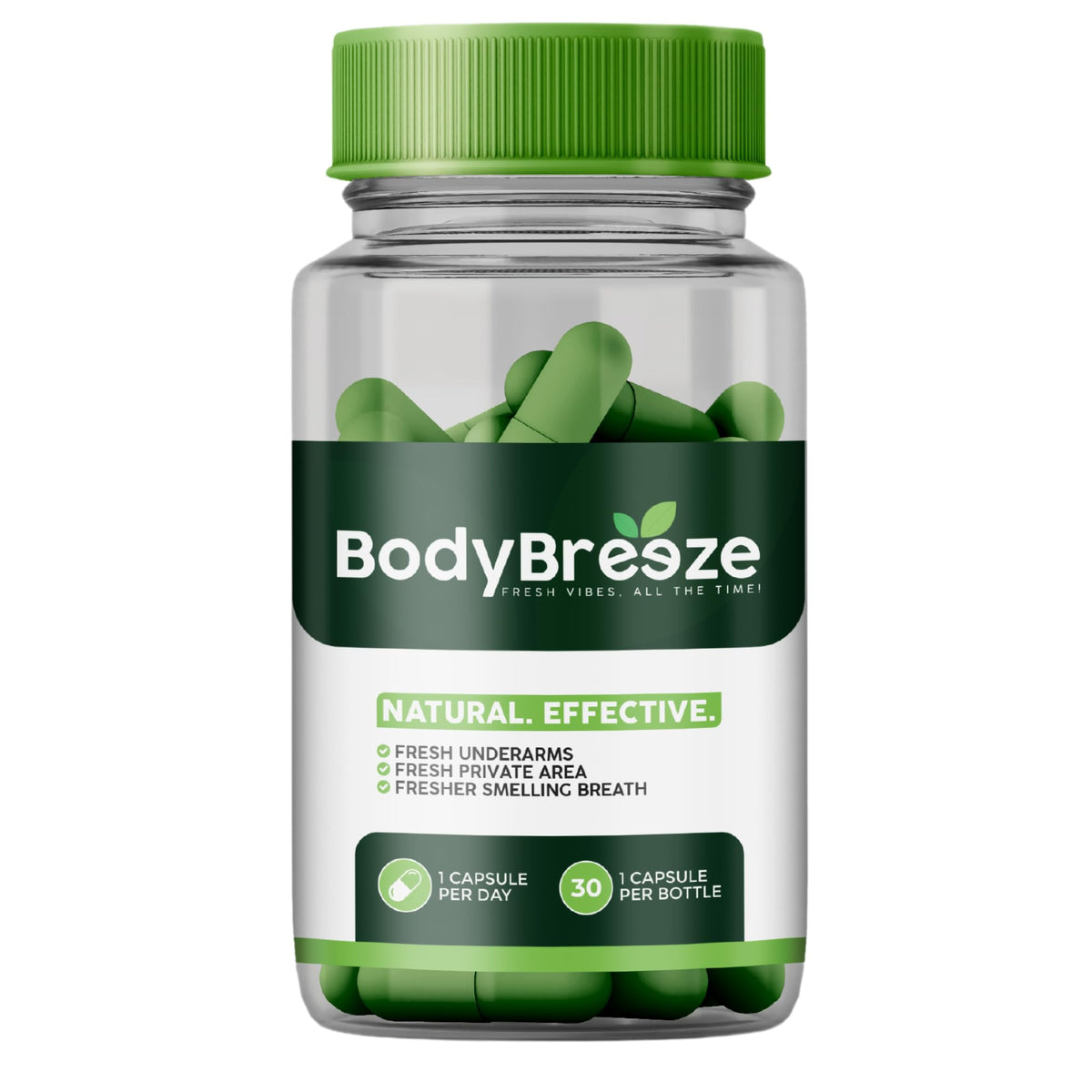Front view of BodyBreeze internal deodorant supplement bottle