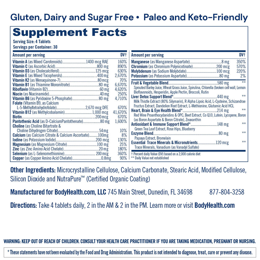 Vegan daily multivitamin bottle with whole food concentrates