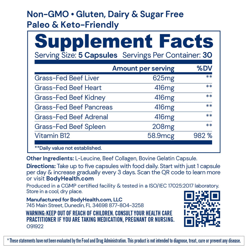 Close-up of desiccated beef liver as an ingredient in the supplement