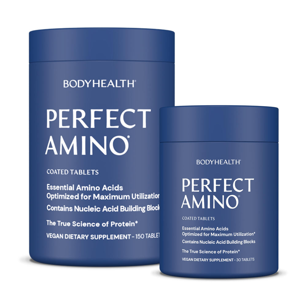 BodyHealth PerfectAmino easy-to-swallow tablets bottle on countertop