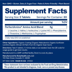 Close-up of PerfectAmino tablets showing vegan coating