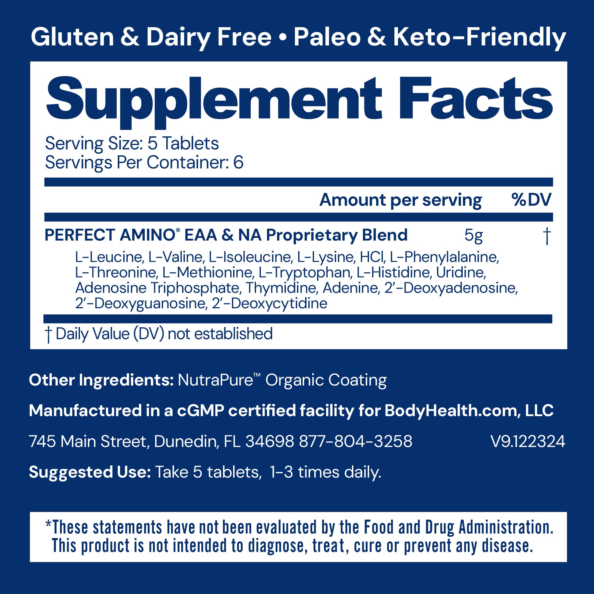 Nutrition label featuring essential amino acids and BCAAs