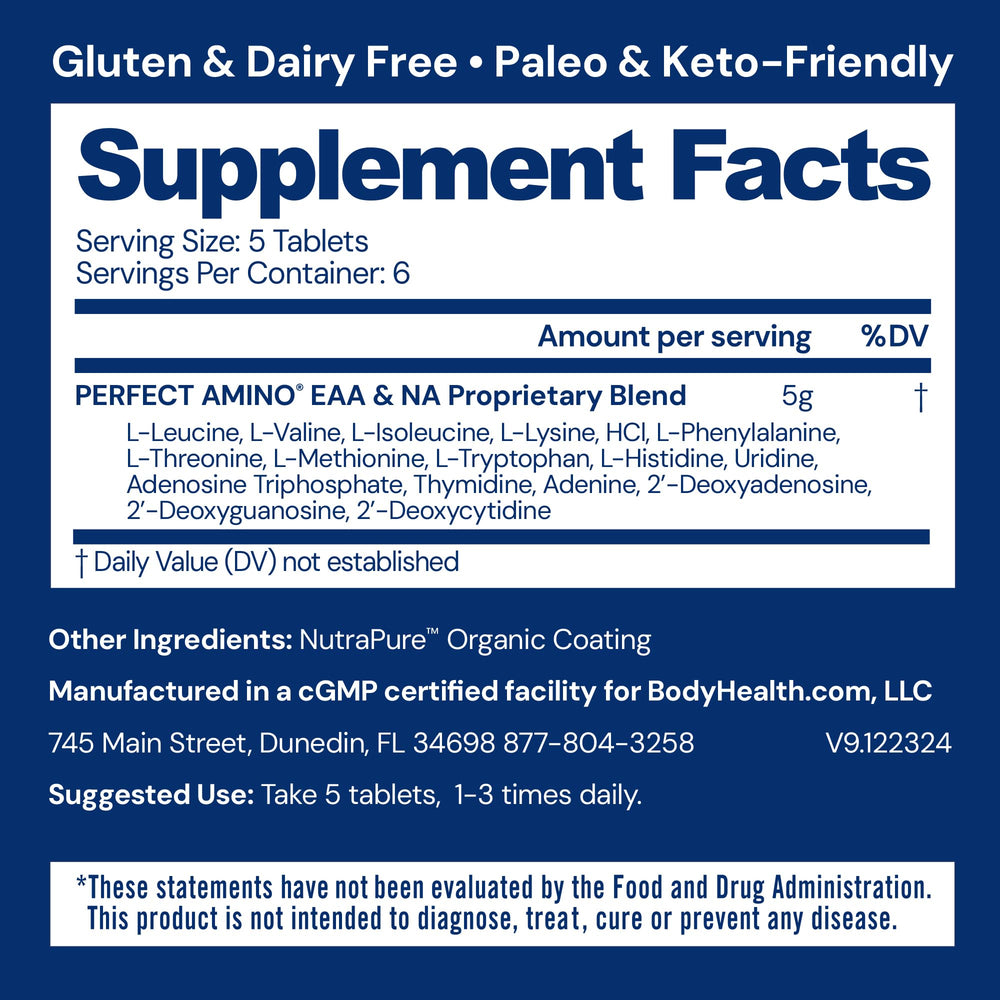 BodyHealth PerfectAmino label nutrition facts panel emphasizes amino acid profile.