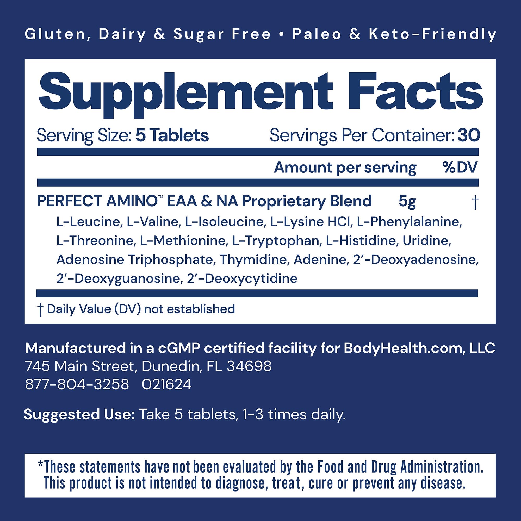 Close-up of PerfectAmino tablets showing vegan amino acid formula
