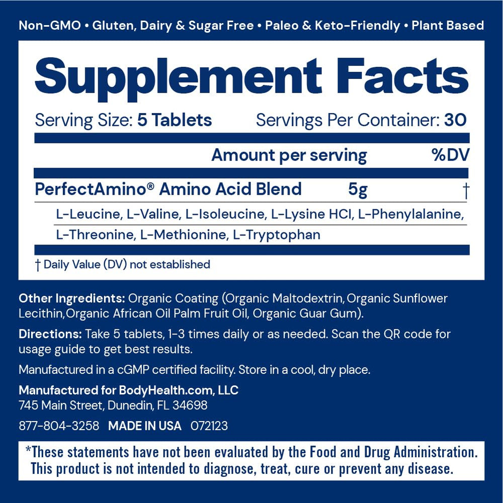 BodyHealth PerfectAmino tablets held in hand show compact, travel-friendly supplement.