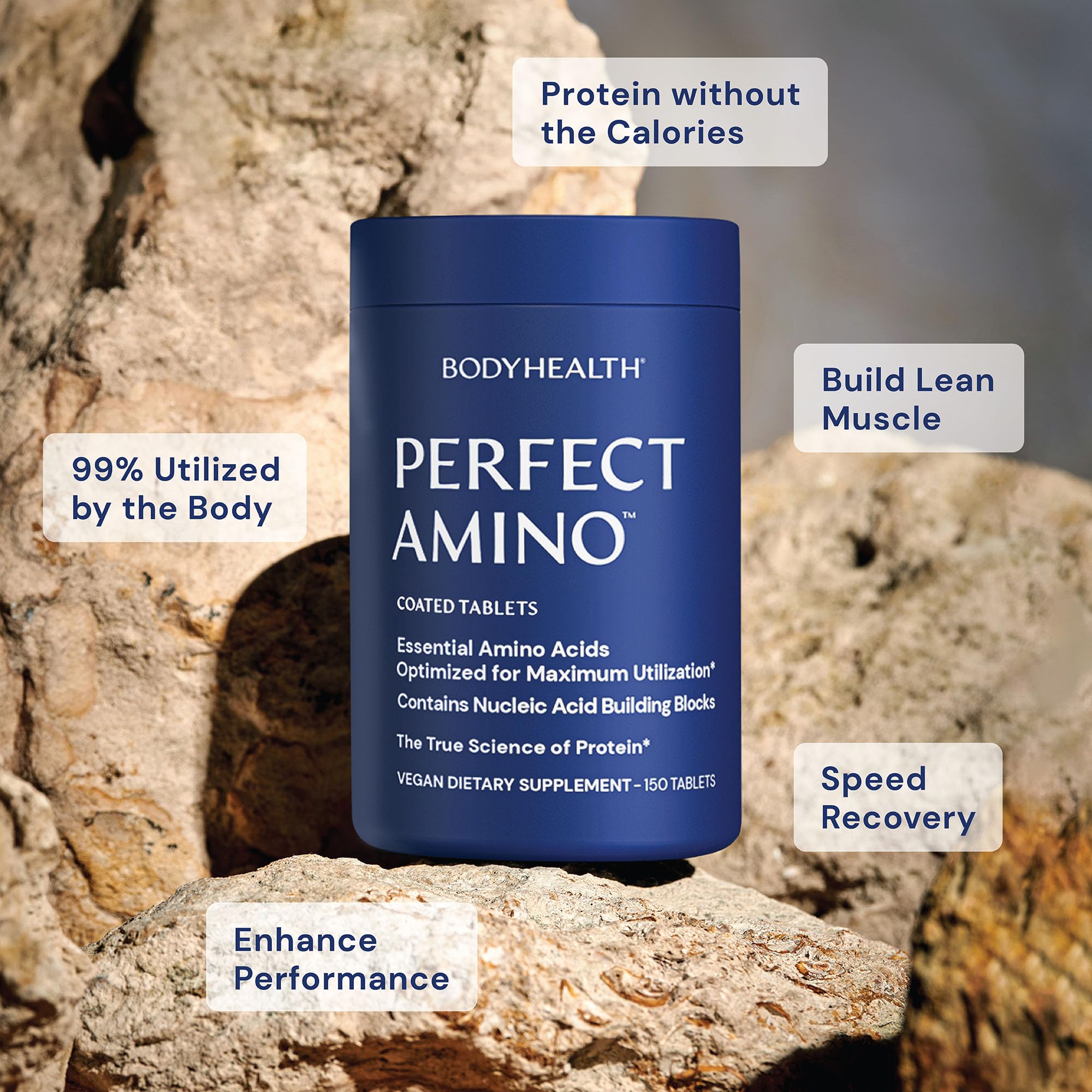 BodyHealth PerfectAmino vegan coating close-up showcasing easy swallow texture.