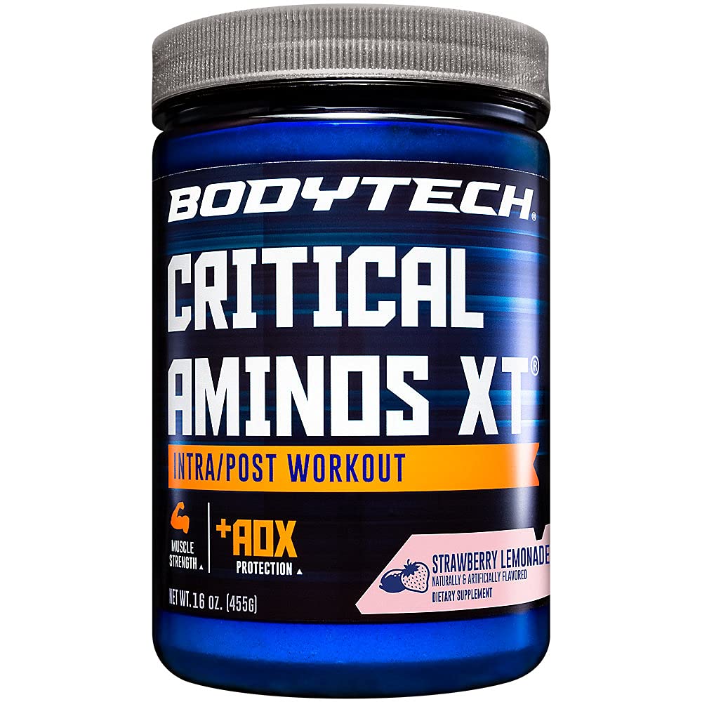 BodyTech Critical Aminos XT bottle in strawberry lemonade supports hydration during workouts