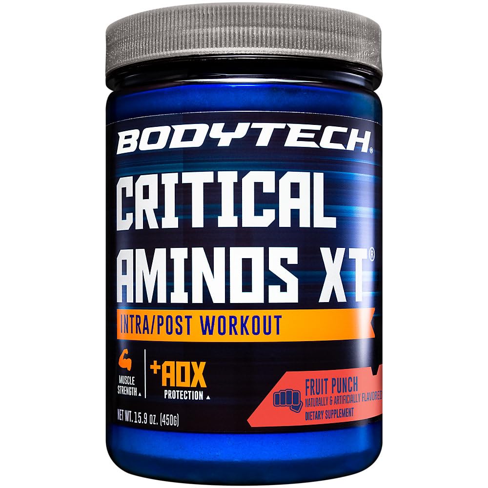 BODYTECH Critical Aminos XT serving pour showing fruit-punch flavor for post-workout recovery