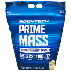 BodyTech Prime Mass vanilla powder tub showing reliable nutrition for gains