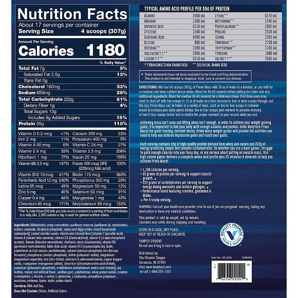 BodyTech Prime Mass vanilla scoop close-up highlighting high-calorie formula for athletes