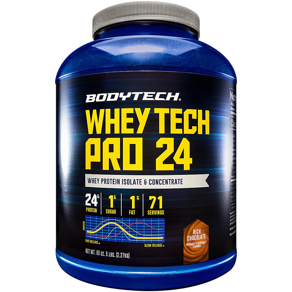 BodyTech Whey Tech Pro 24 scoop beside shaker for easy mixing.