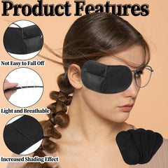 Eye patch measuring 12 cm by 5.5 cm displayed with glasses