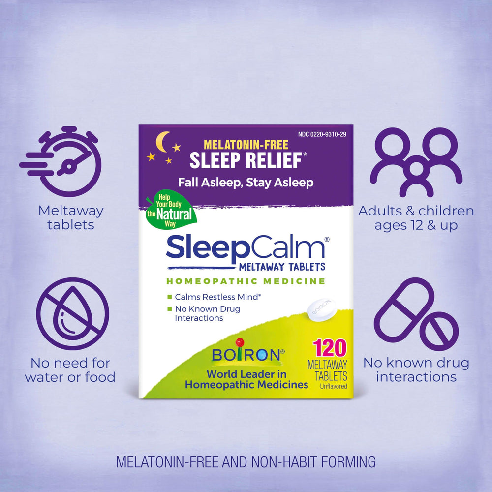 Boiron SleepCalm bottle with blister-pack packaging
