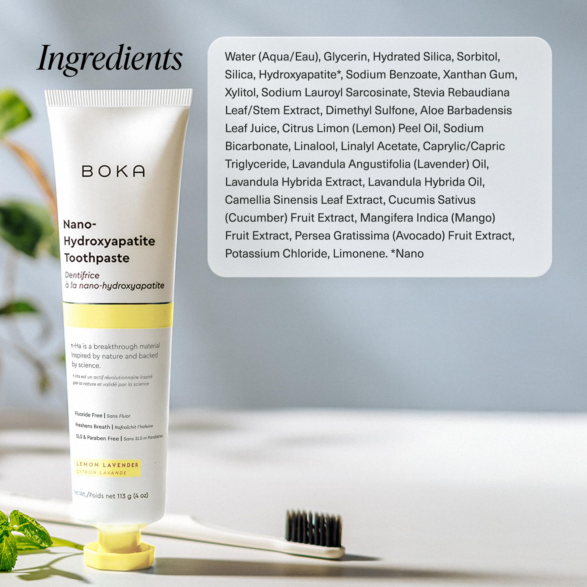Boka 3-pack fluoride-free toothpaste packaging on countertop