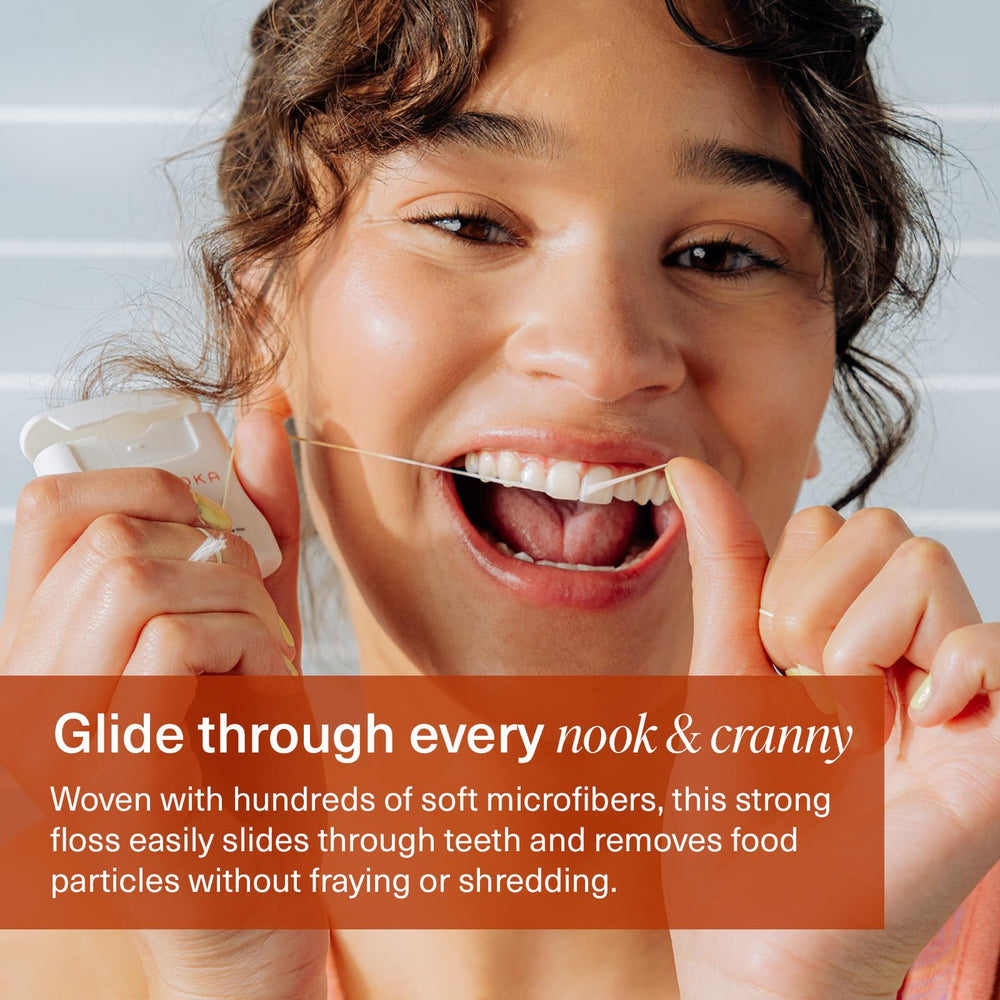 Dental floss strands being used between teeth highlighting Teflon-free