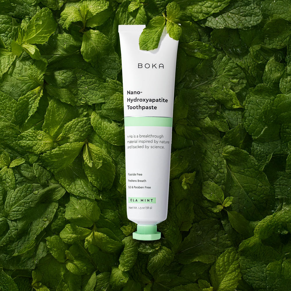 Product packaging for Boka fluoride-free toothpaste Ela Mint