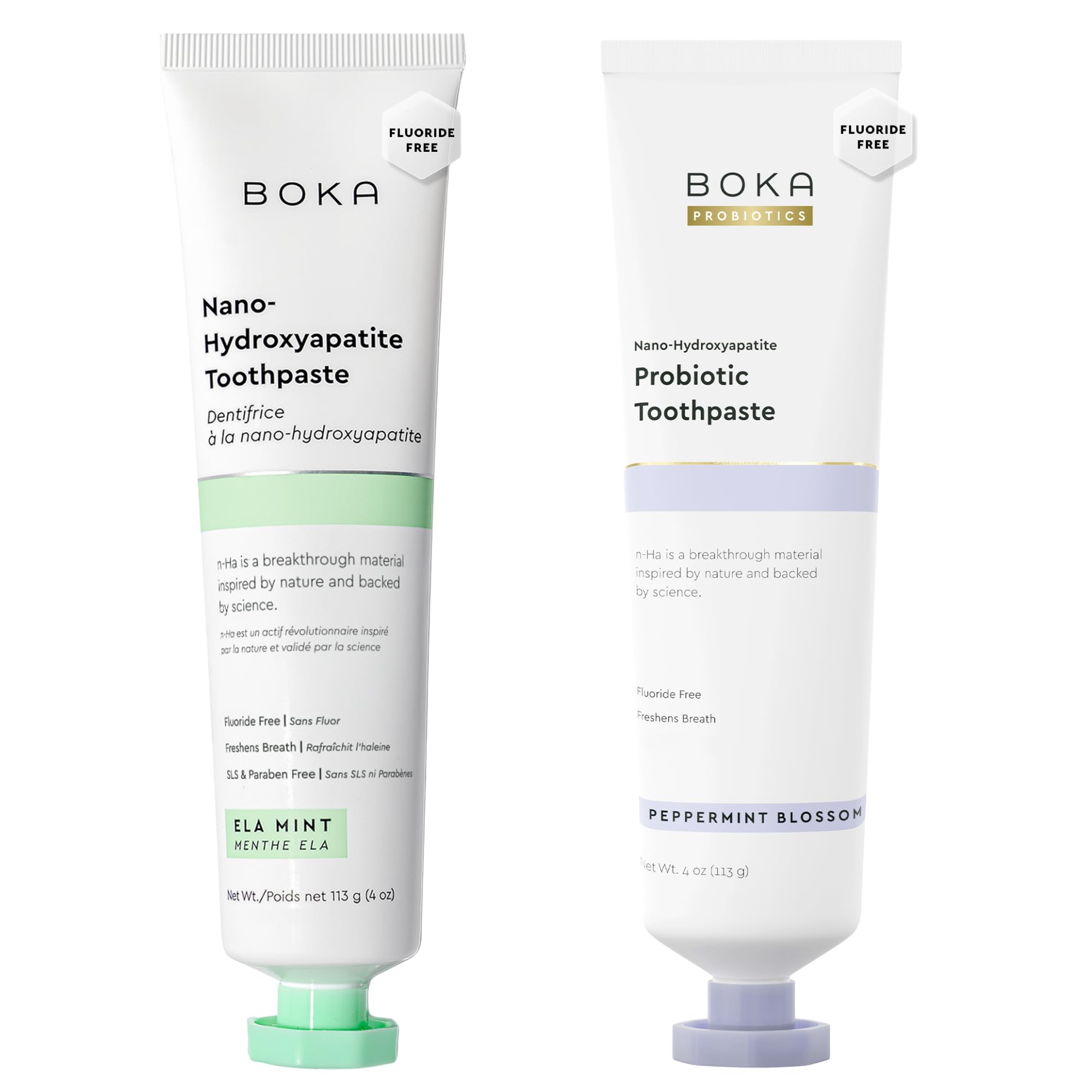 Boka fluoride-free toothpaste Ela Mint and Peppermint Blossom bottle and tube