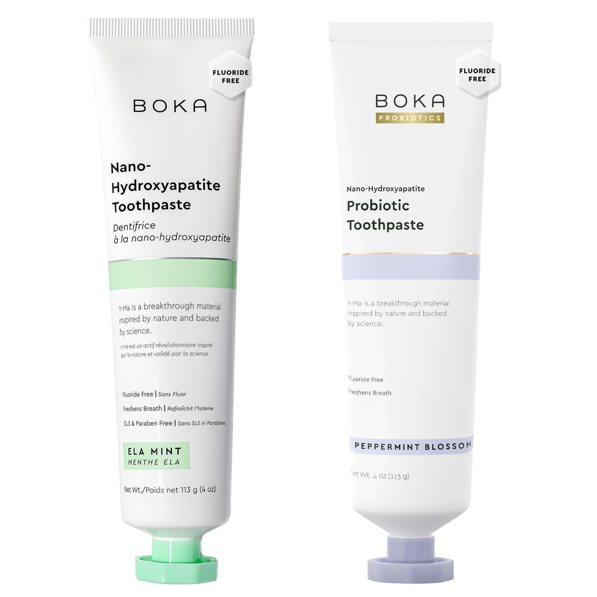 Boka fluoride-free toothpaste Ela Mint and Peppermint Blossom bottle and tube