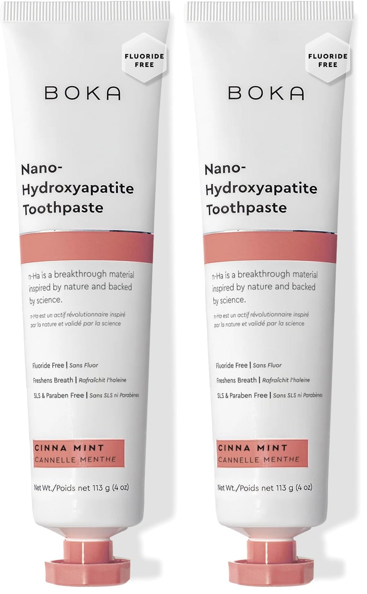 Boka fluoride-free toothpaste tube labeled nano-hydroxyapatite