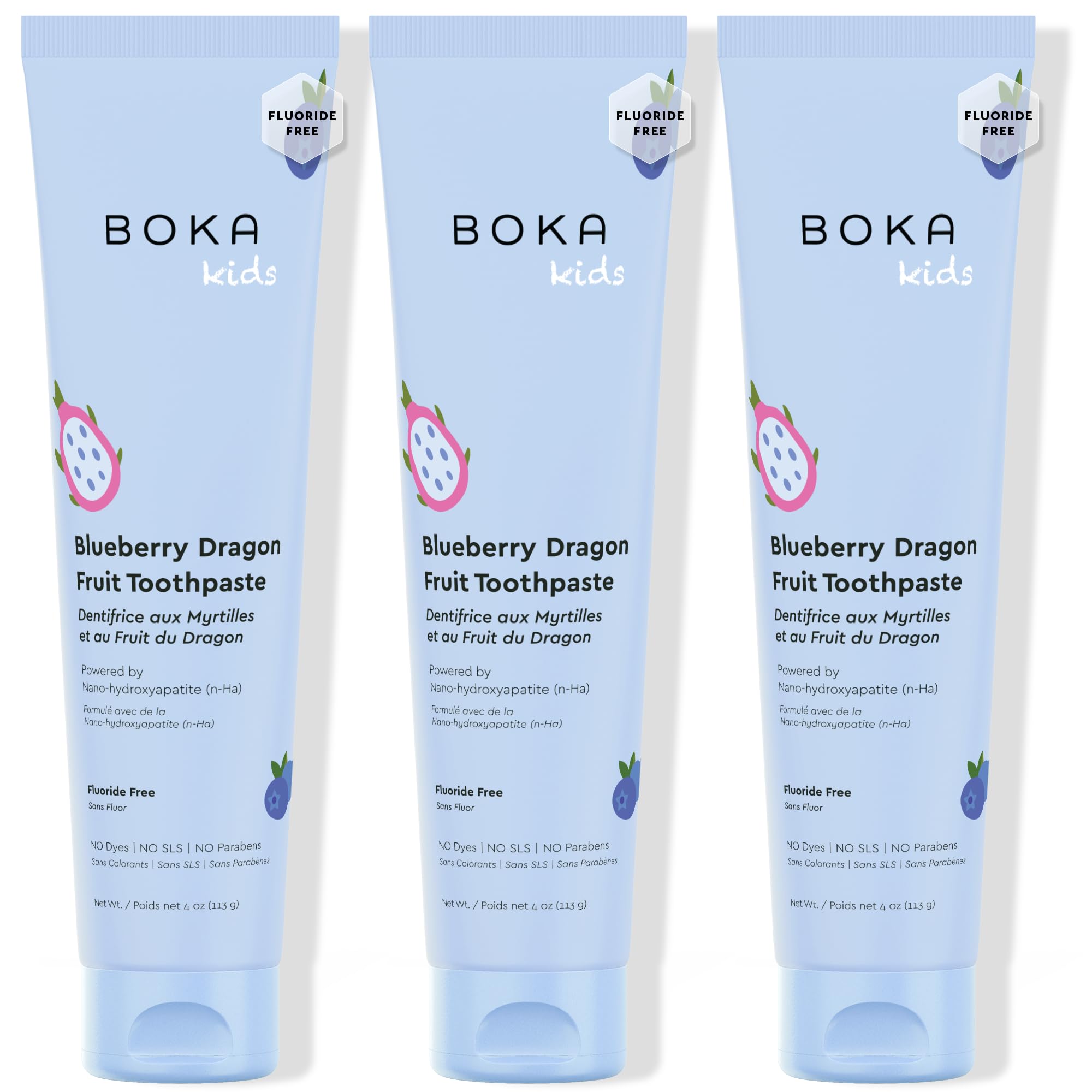 Boka Fluoride Free Toothpaste with Nano Hydroxyapatite in Blueberry Dragon Fruit flavor, 4 oz, 3-Pack, US Manufactured