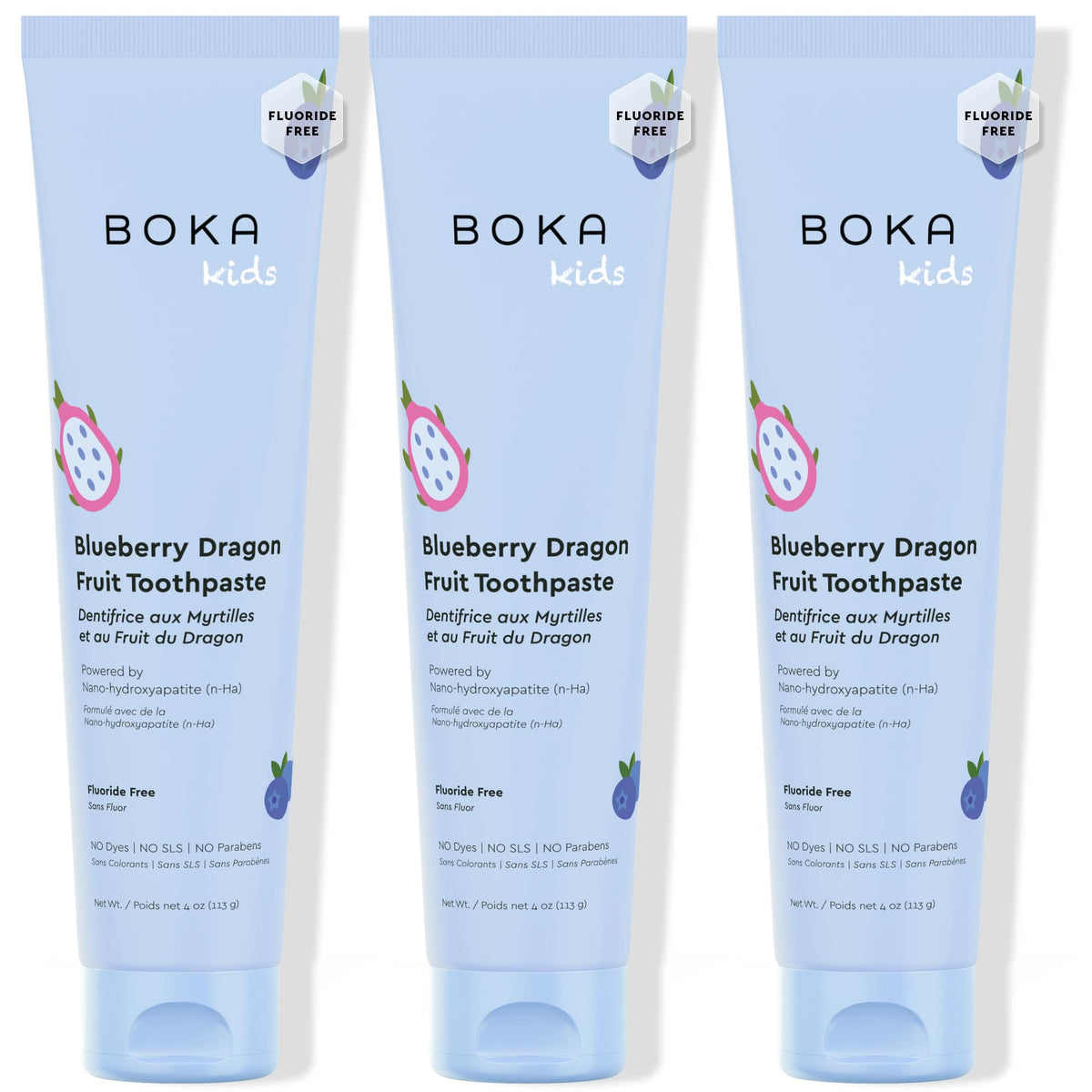 Boka Fluoride Free Toothpaste with Nano Hydroxyapatite in Blueberry Dragon Fruit flavor, 4 oz, 3-Pack, US Manufactured