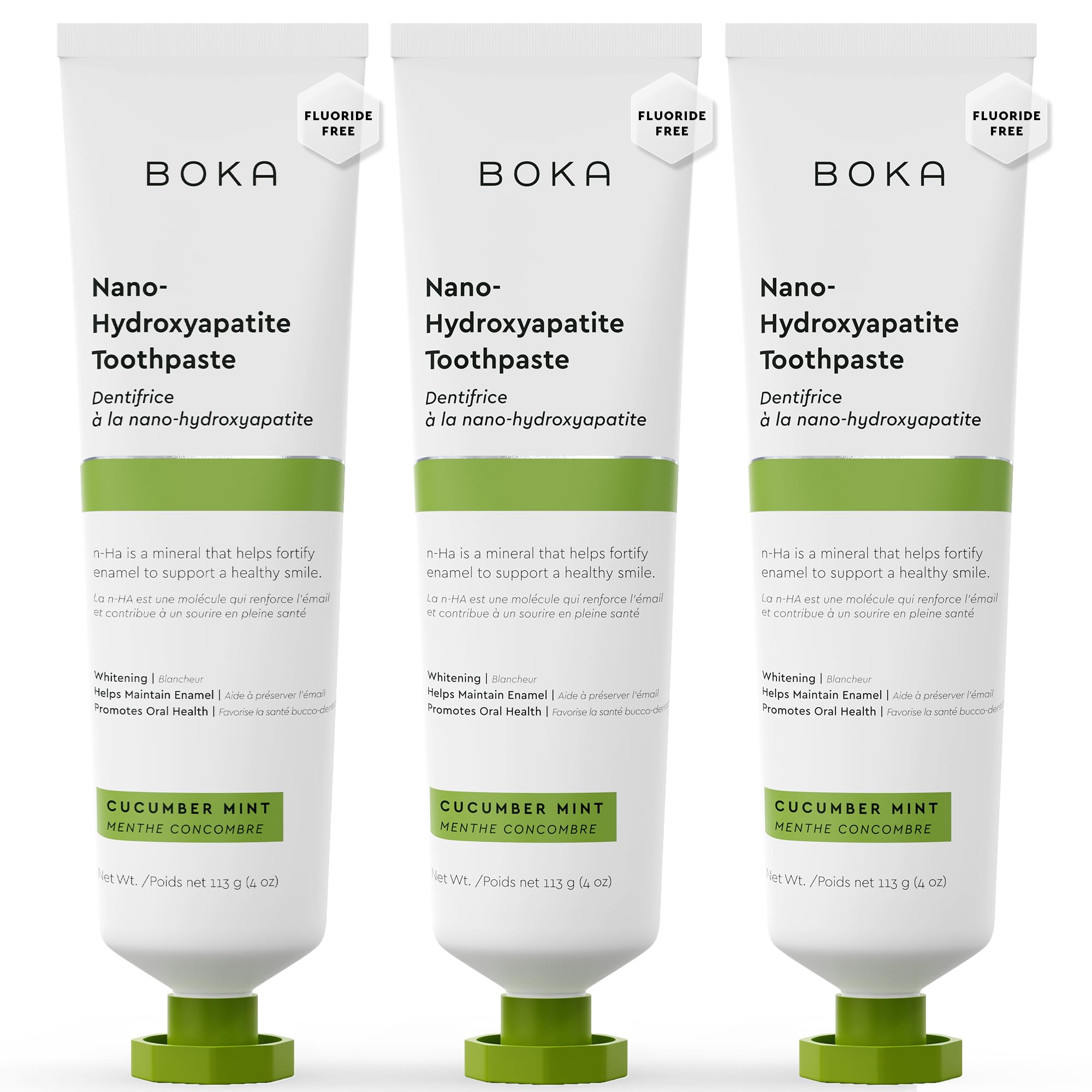 Boka fluoride-free toothpaste with nano-hydroxyapatite, cucumber mint flavor, 4 oz, 3-pack