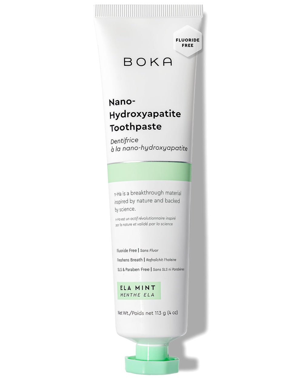 Box and tube of Boka fluoride-free nano hydroxyapatite toothpaste Ela Mint 4 oz US made