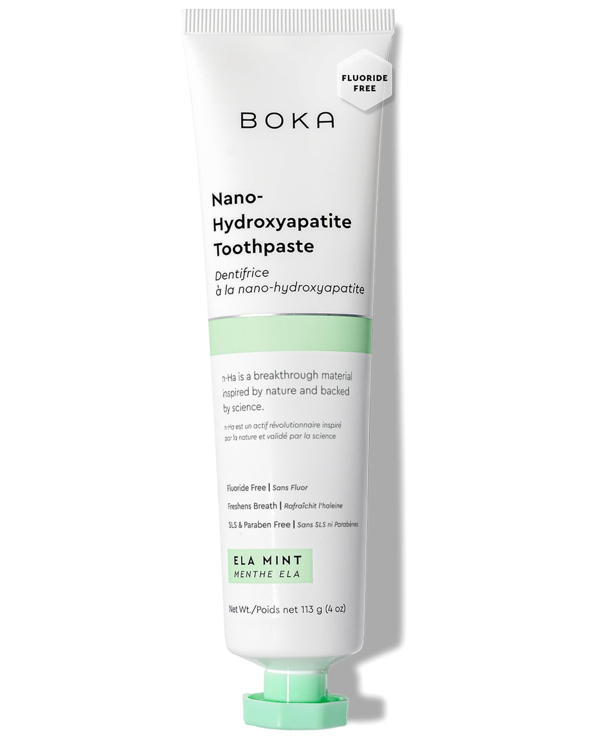 Box and tube of Boka fluoride-free nano hydroxyapatite toothpaste Ela Mint 4 oz US made