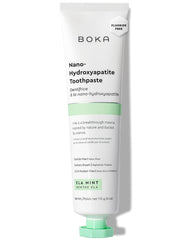 Box and tube of Boka fluoride-free nano hydroxyapatite toothpaste Ela Mint 4 oz US made