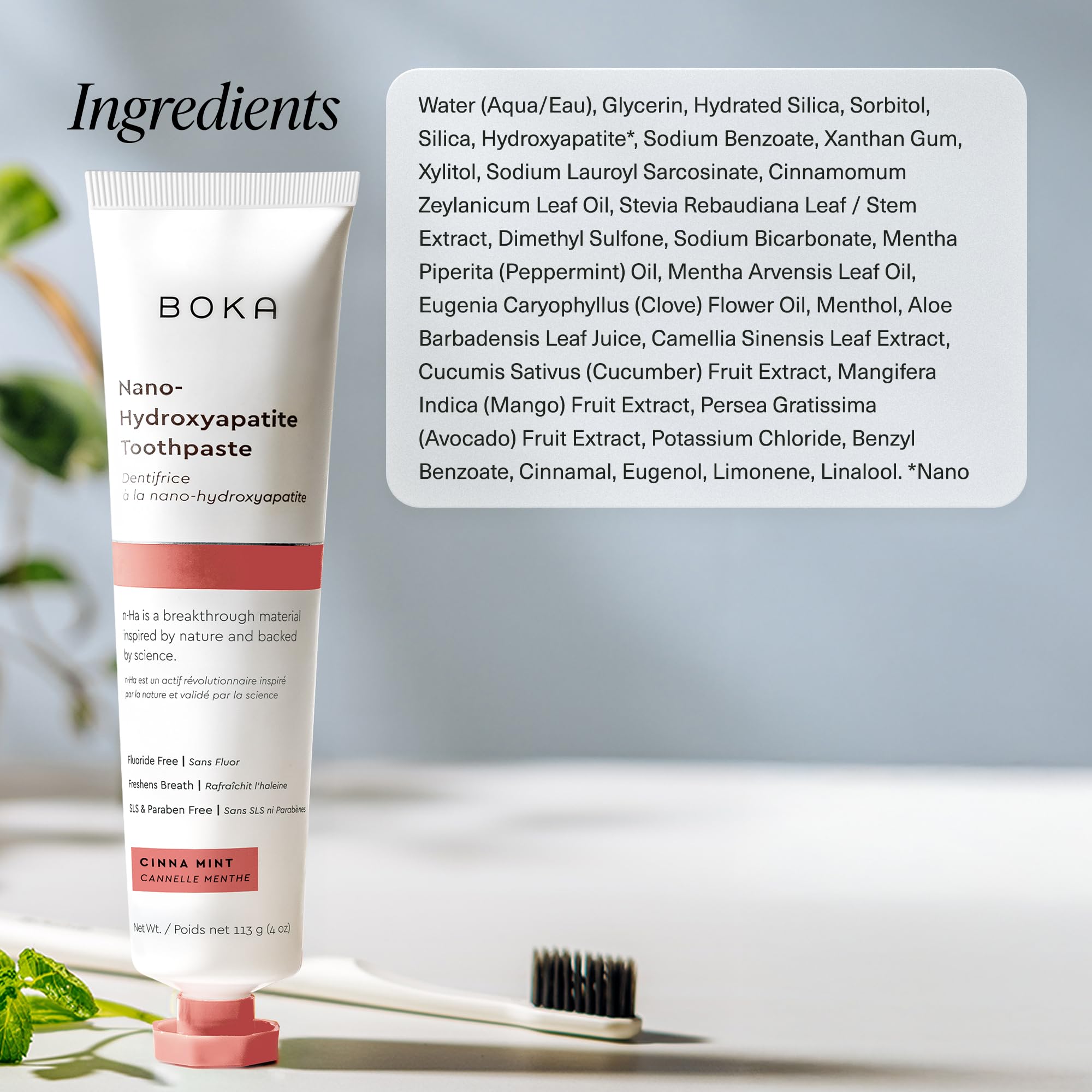 US-made label on Boka toothpaste bottle indicating fluoride-free