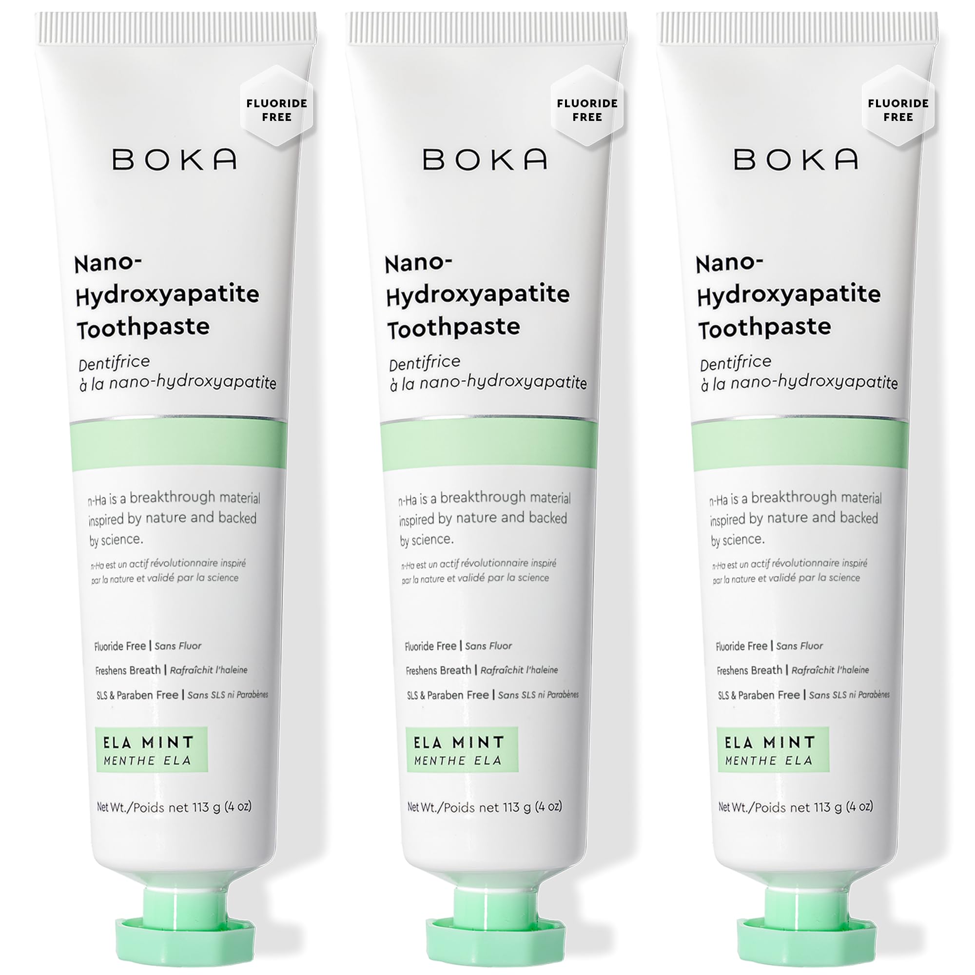 Boka Nano Hydroxyapatite Toothpaste Ela Mint – front view, 4oz, 3-pack