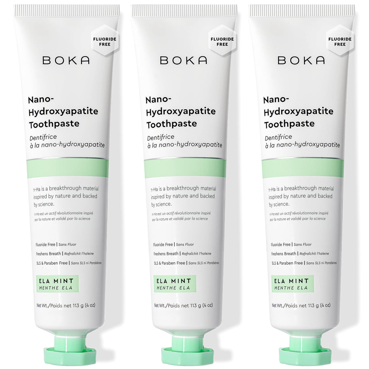 Boka Nano Hydroxyapatite Toothpaste Ela Mint – front view, 4oz, 3-pack