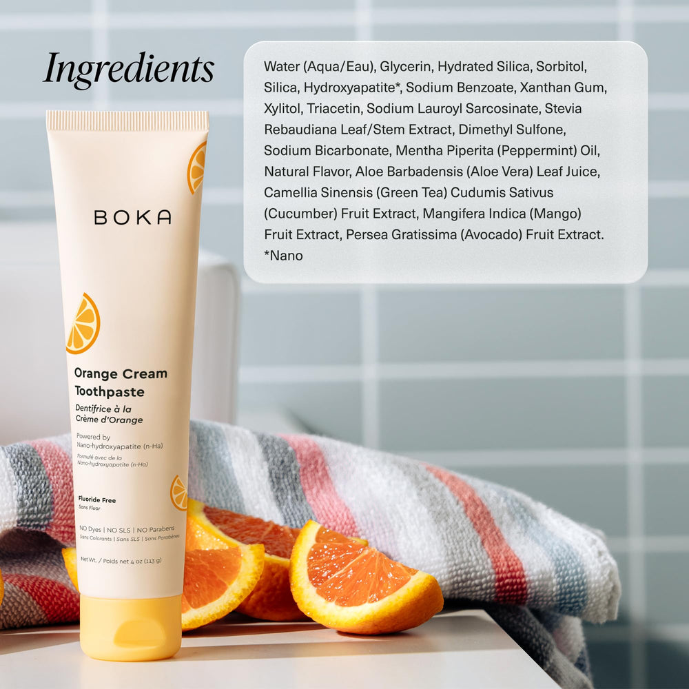 US manufactured Boka toothpaste box with orange cream