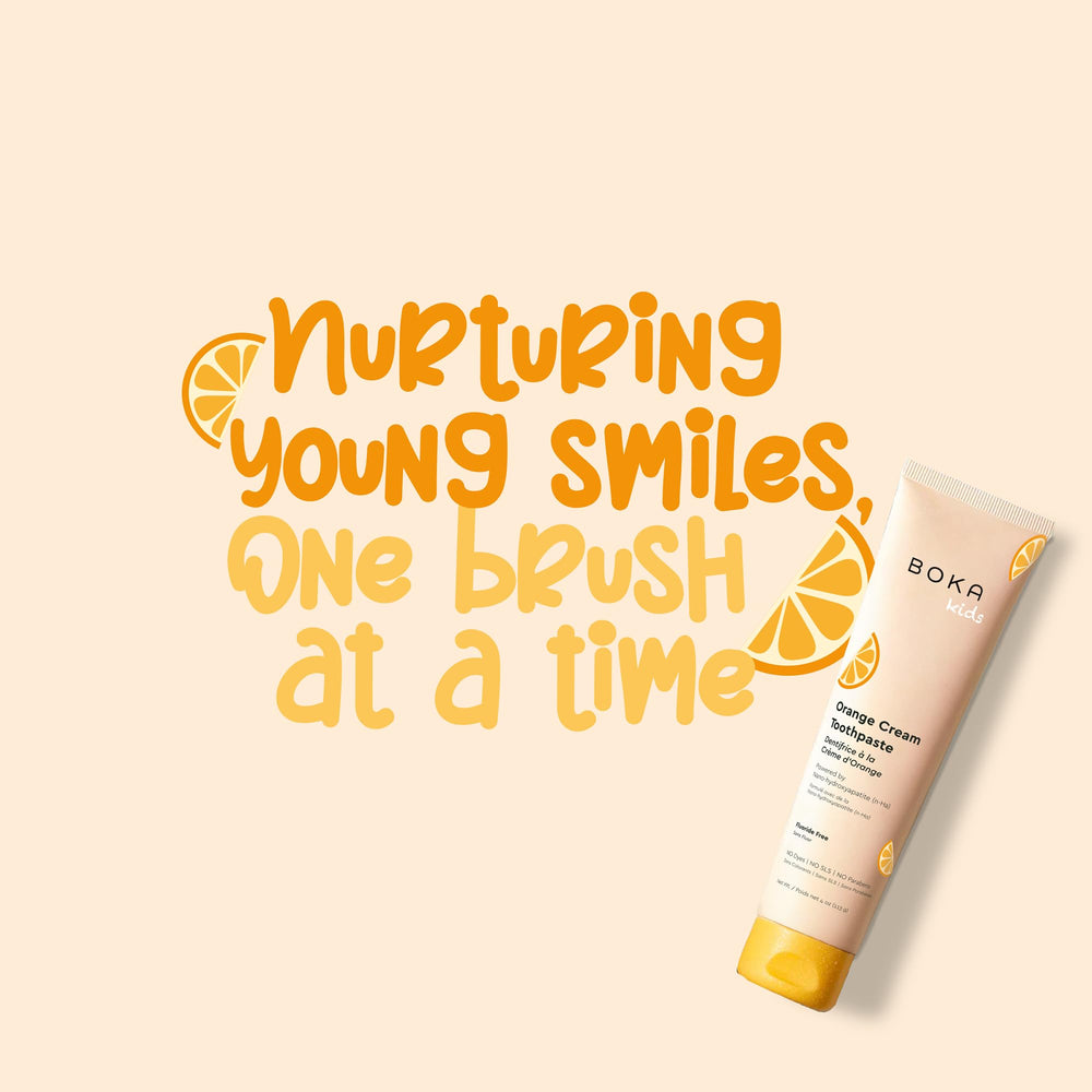 Brushing scene featuring Boka Orange Cream toothpaste