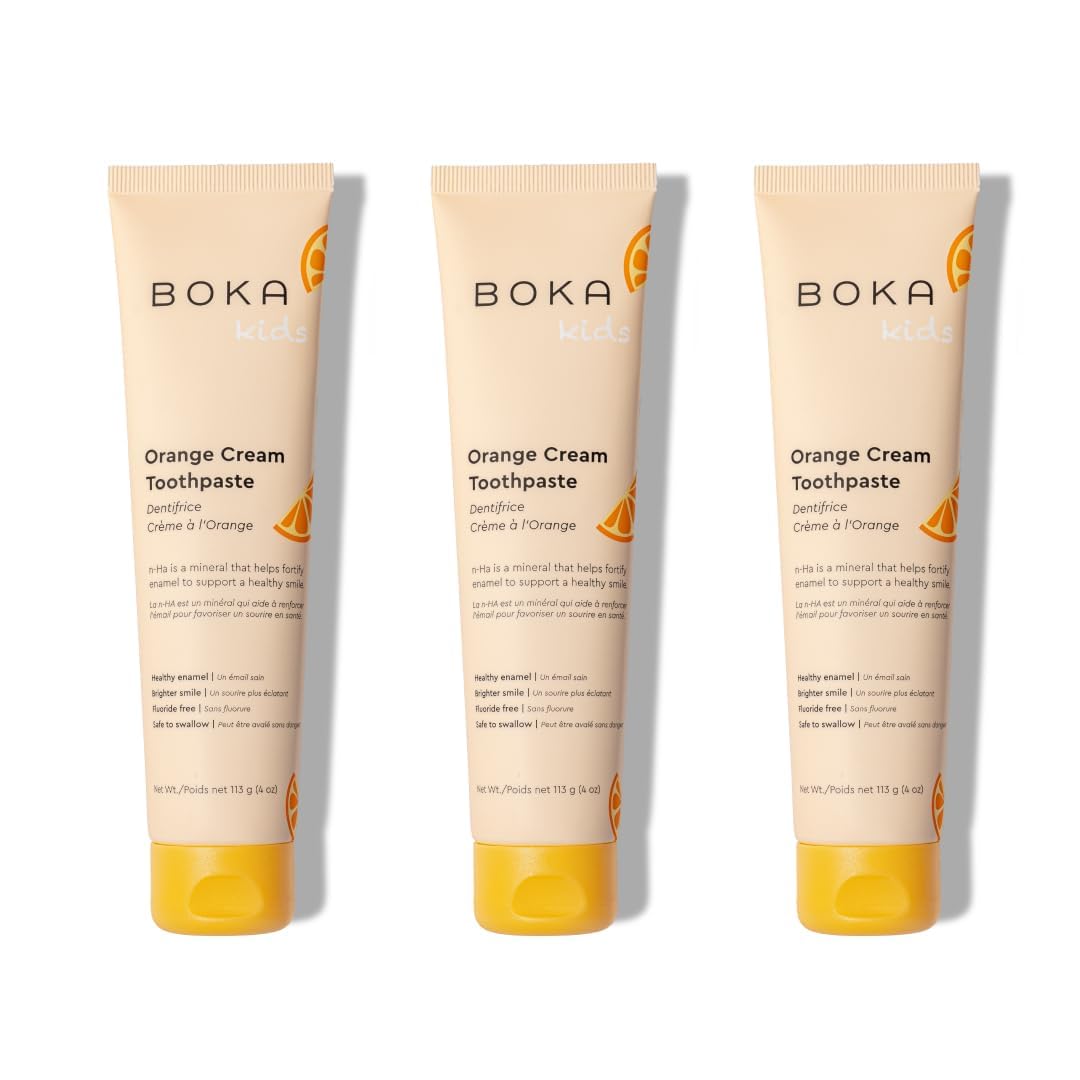 Packaging of Boka fluoride-free toothpaste orange cream 4 oz 3-pack