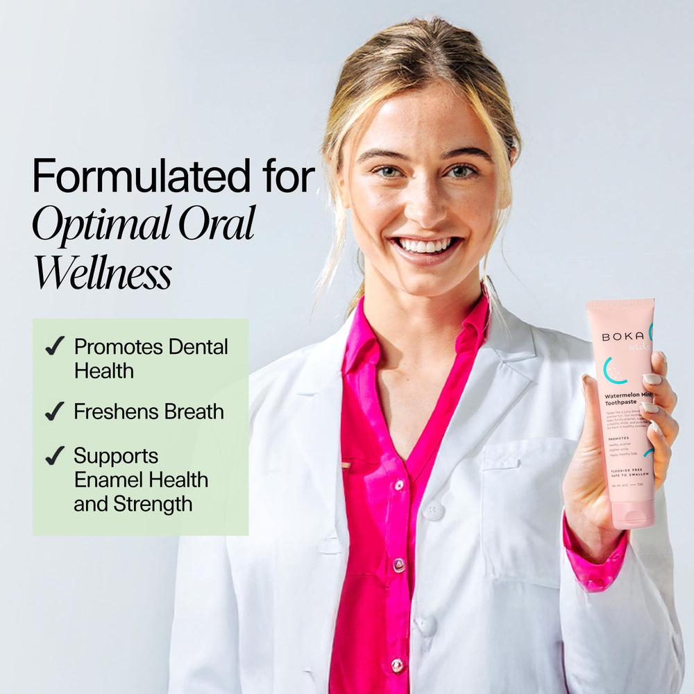 Kid-friendly packaging and 4 oz tube from Boka fluoride-free toothpaste