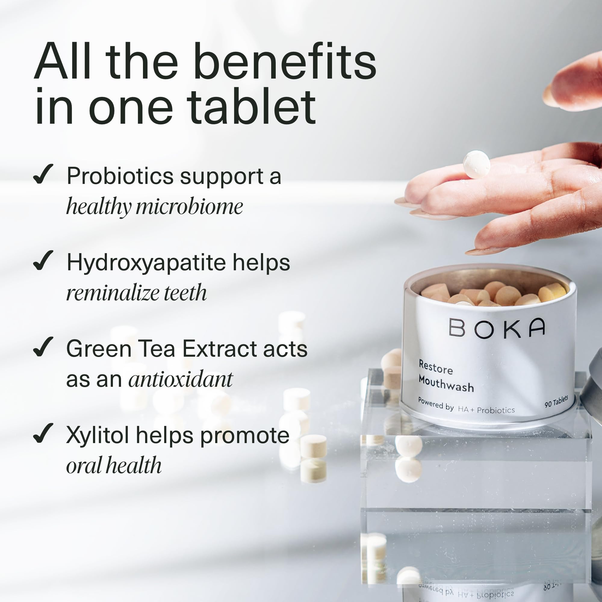 Mint-flavored mouthwash tablets arranged on a white surface
