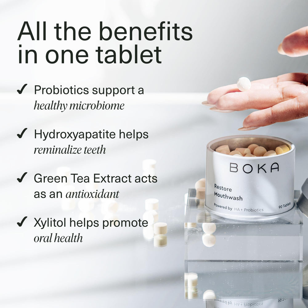 Mint-flavored mouthwash tablets arranged on a white surface